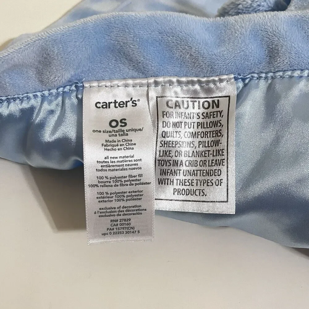 Carter's Blue Elephant Security Blanket Lovey Lovie Rattle Striped Satin Back